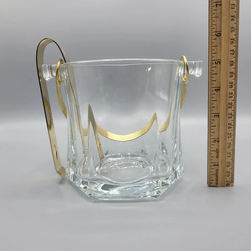 Vintage Shiah Yih Heavy Clear Glass Ice Bucket Gold Tone Tongs and Handle Taiwan
